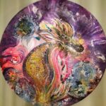 Tableau peint par Sylvaine Merlet représentant un dragon dans un univers coloré et vibrant